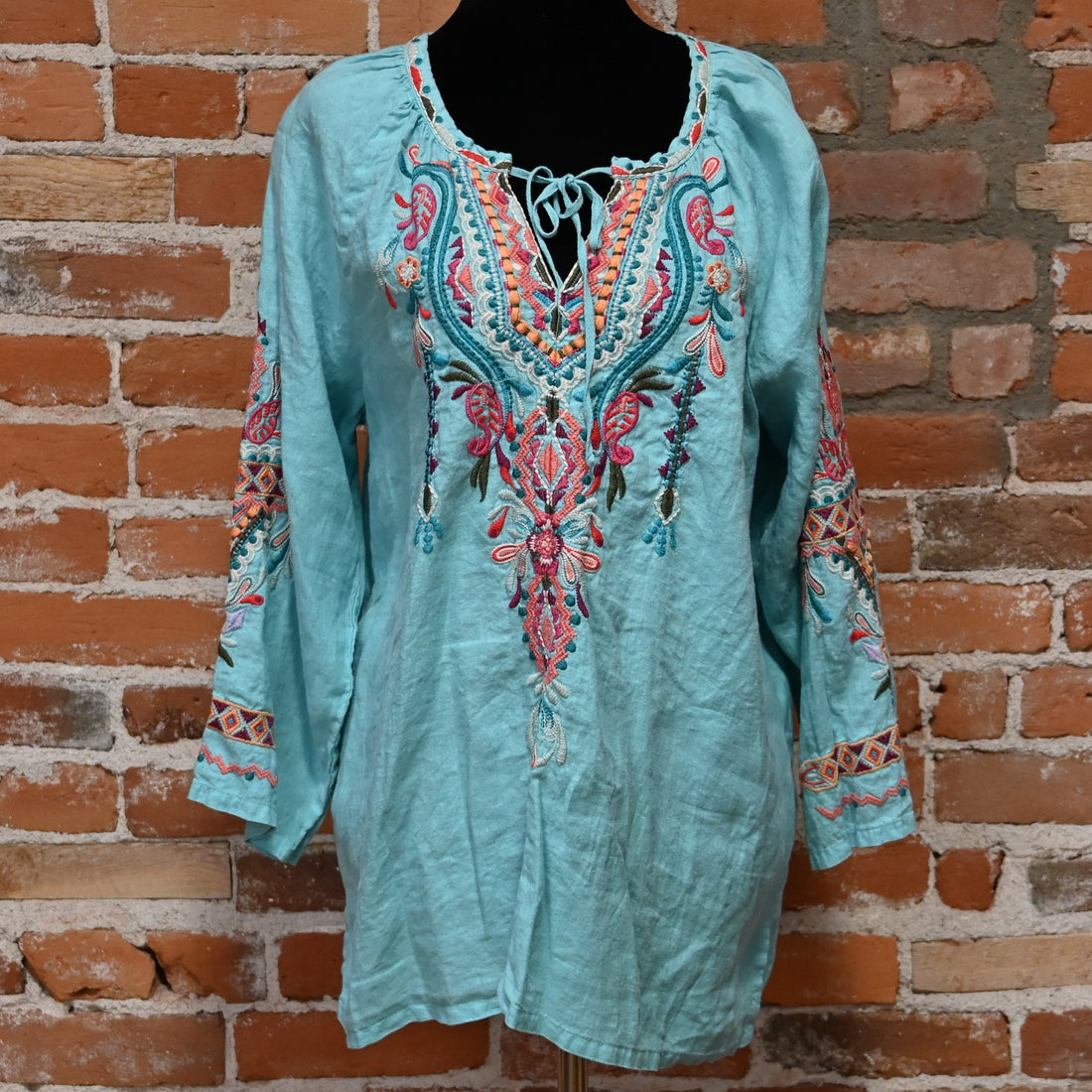 Johnny Was Kris Linen Peasant Blouse Teal
