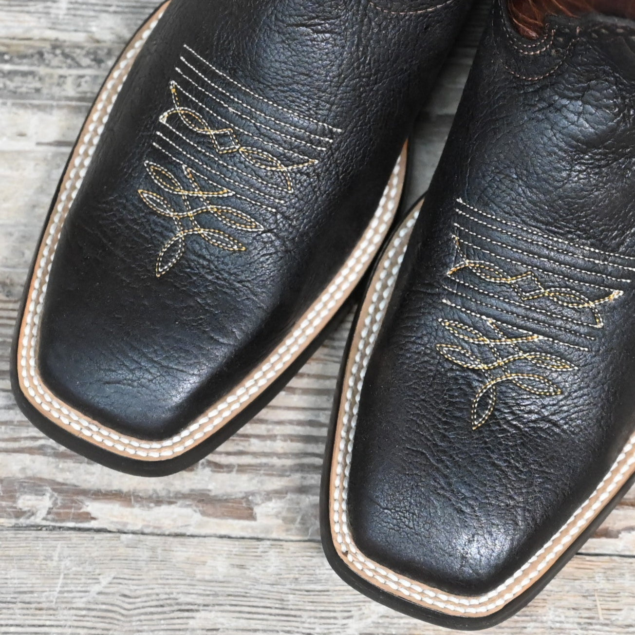 View of Hondo 13" cowboy boot with rust volcano top, brown volcano vamp, and medium round toe