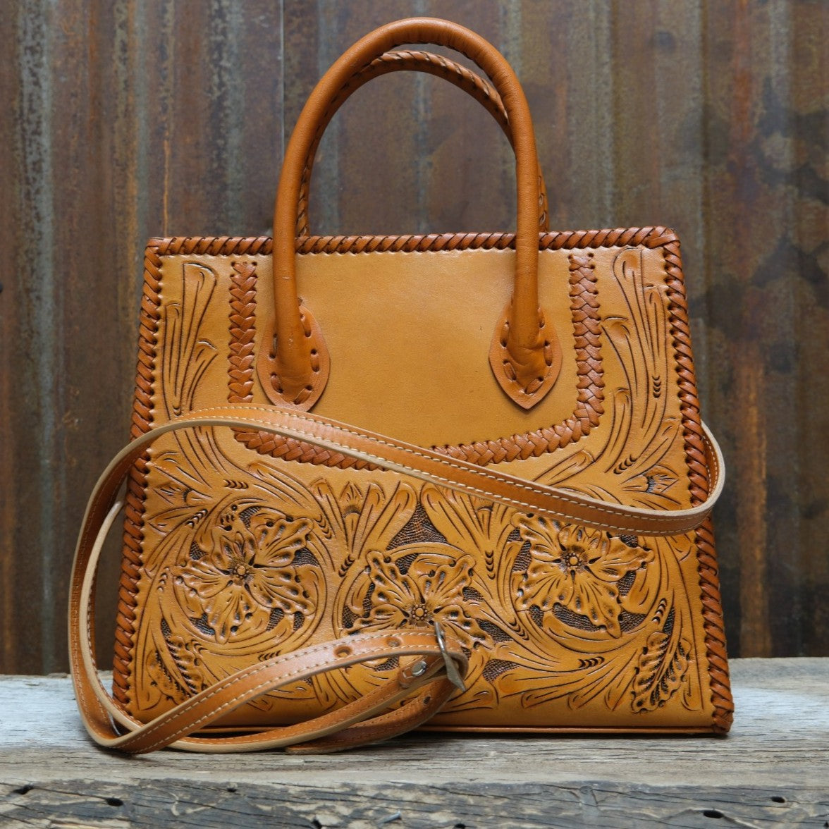 Que Chula Alexis honey tooled leather handbag with floral Western tooling