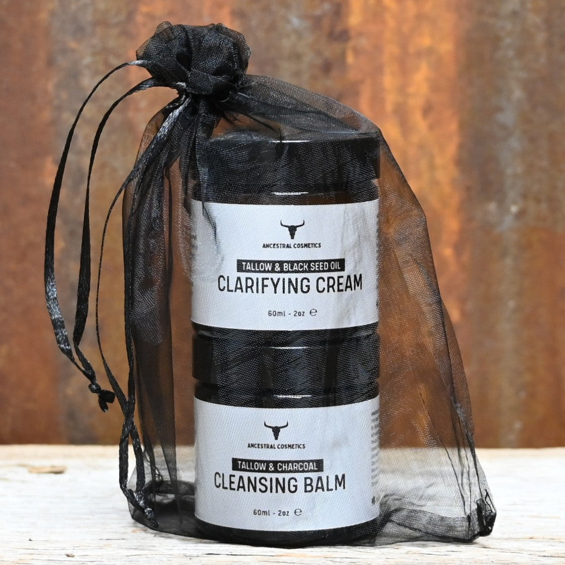 Ancestral Cosmetics Clarifying Set with charcoal cleansing balm and black seed oil clarifying cream