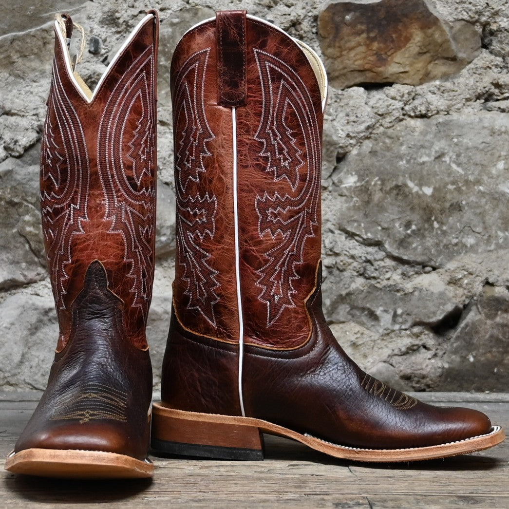 View of Anderson Bean 13" boot with Mike Tyson buffalo vamp, rust lava top, square toe, and pull straps