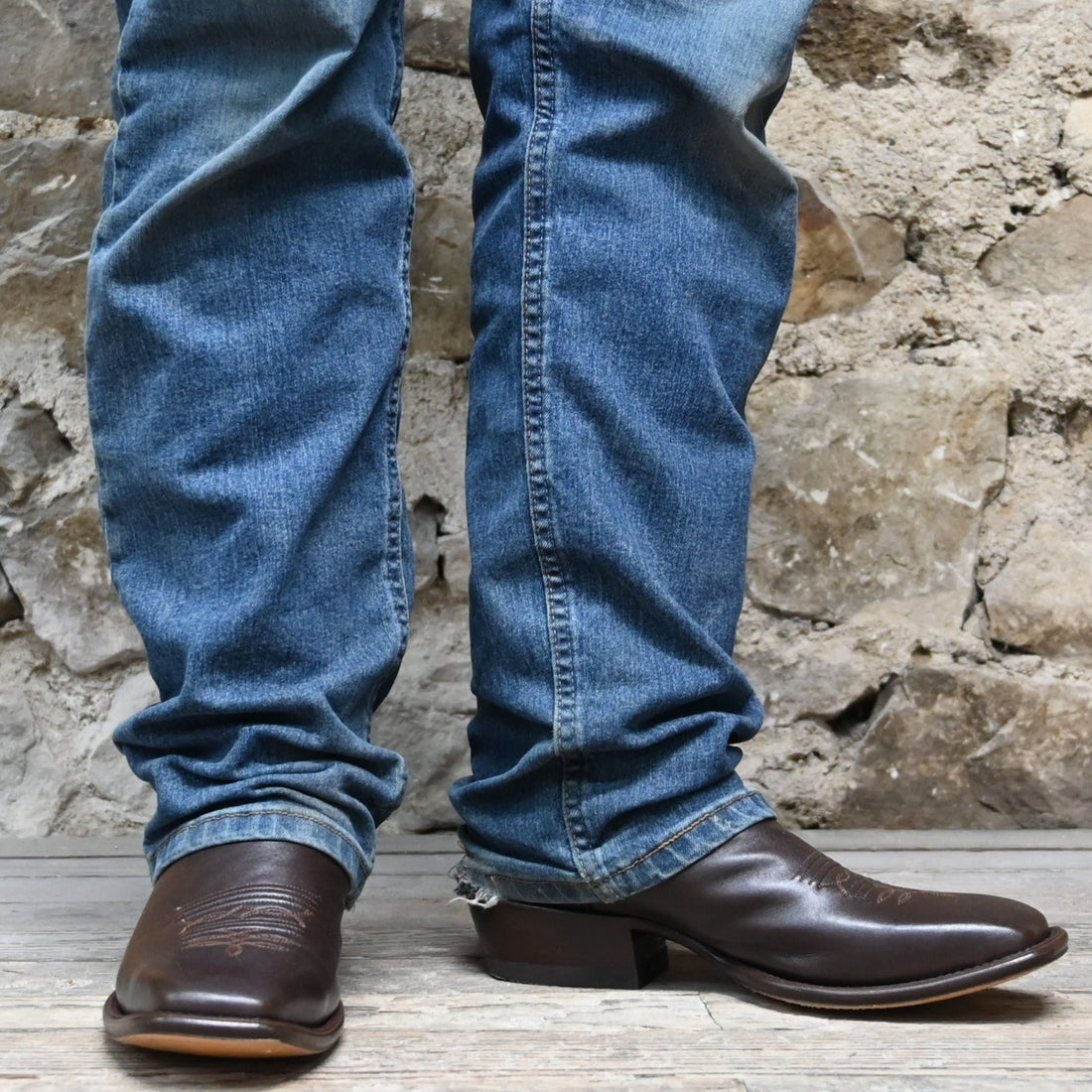 View of Hondo 13" cowboy boot with brown volcano top, brown steer vamp, and medium square toe