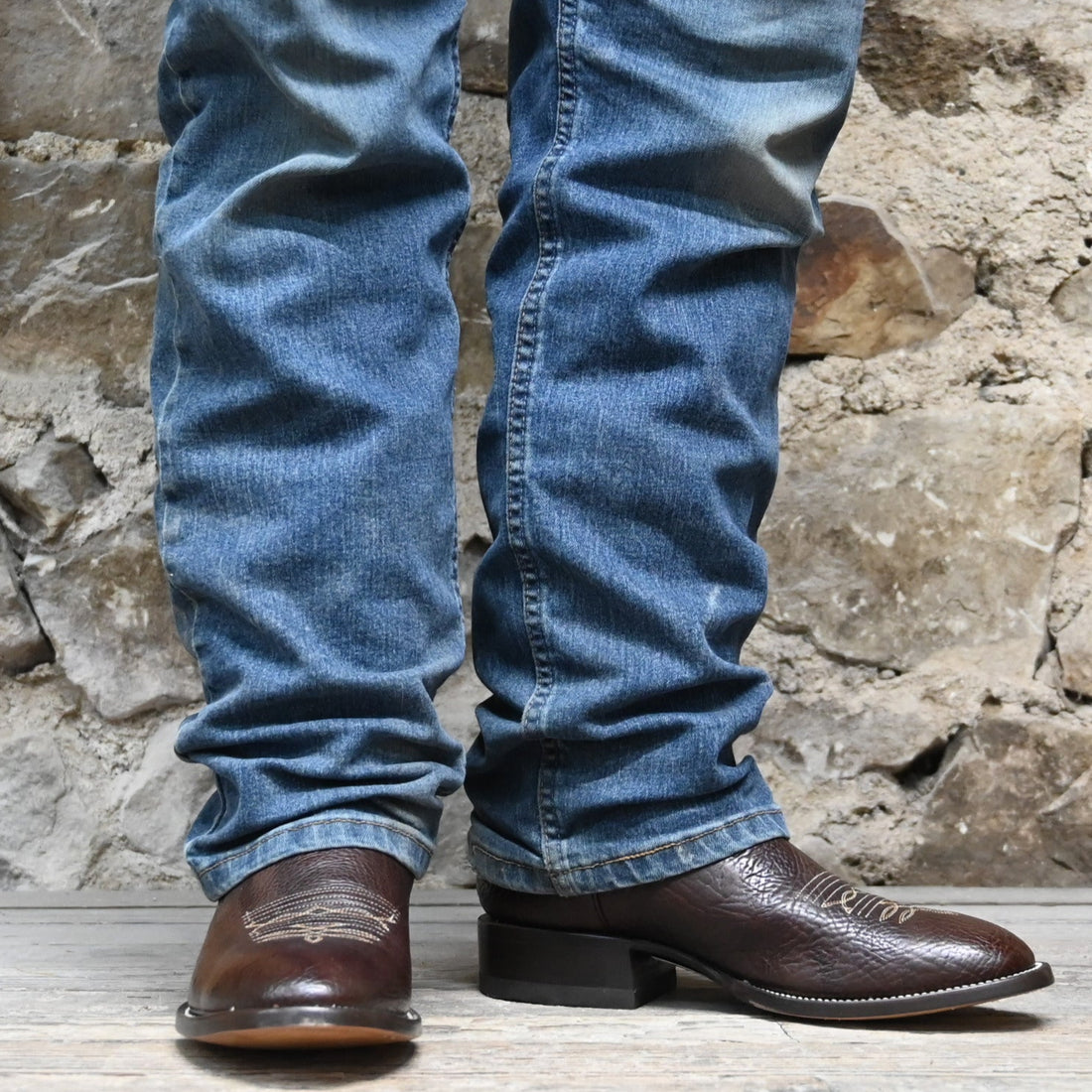 View of Hondo 11" cowboy boot with brown cowhide vamp, brown top, and medium round toe