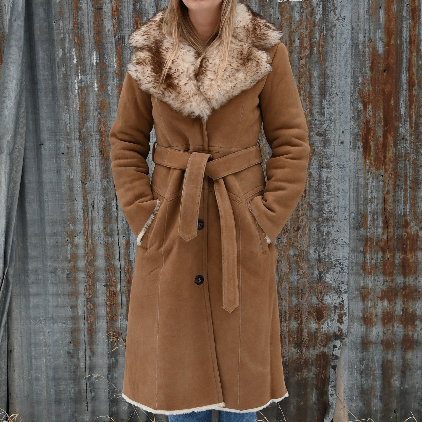Schaefer Outfitter ladies long shearling coat full-length belted design