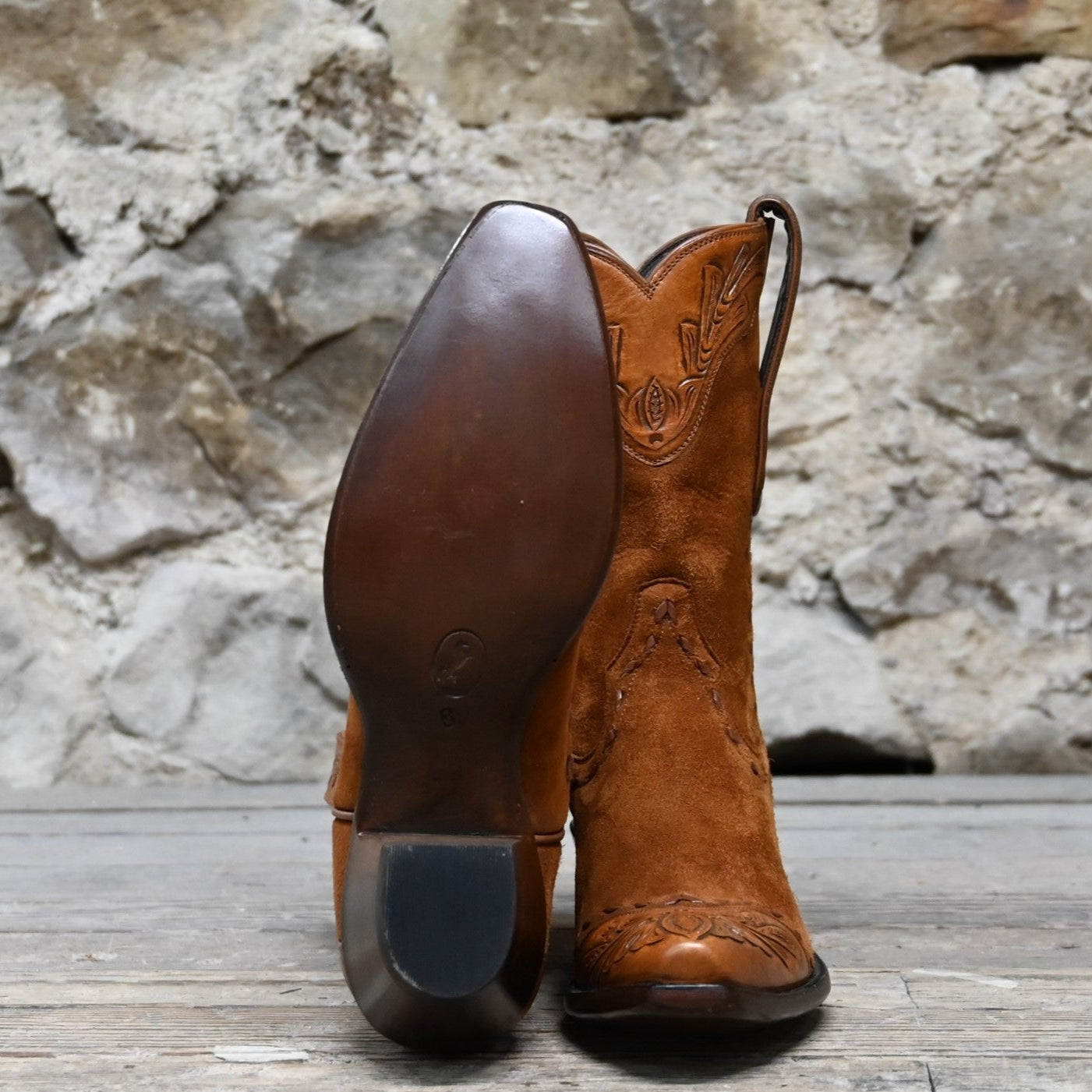 View of Stallion Ladies 10" cognac suede boot with floral tooled leather top and rounded toe