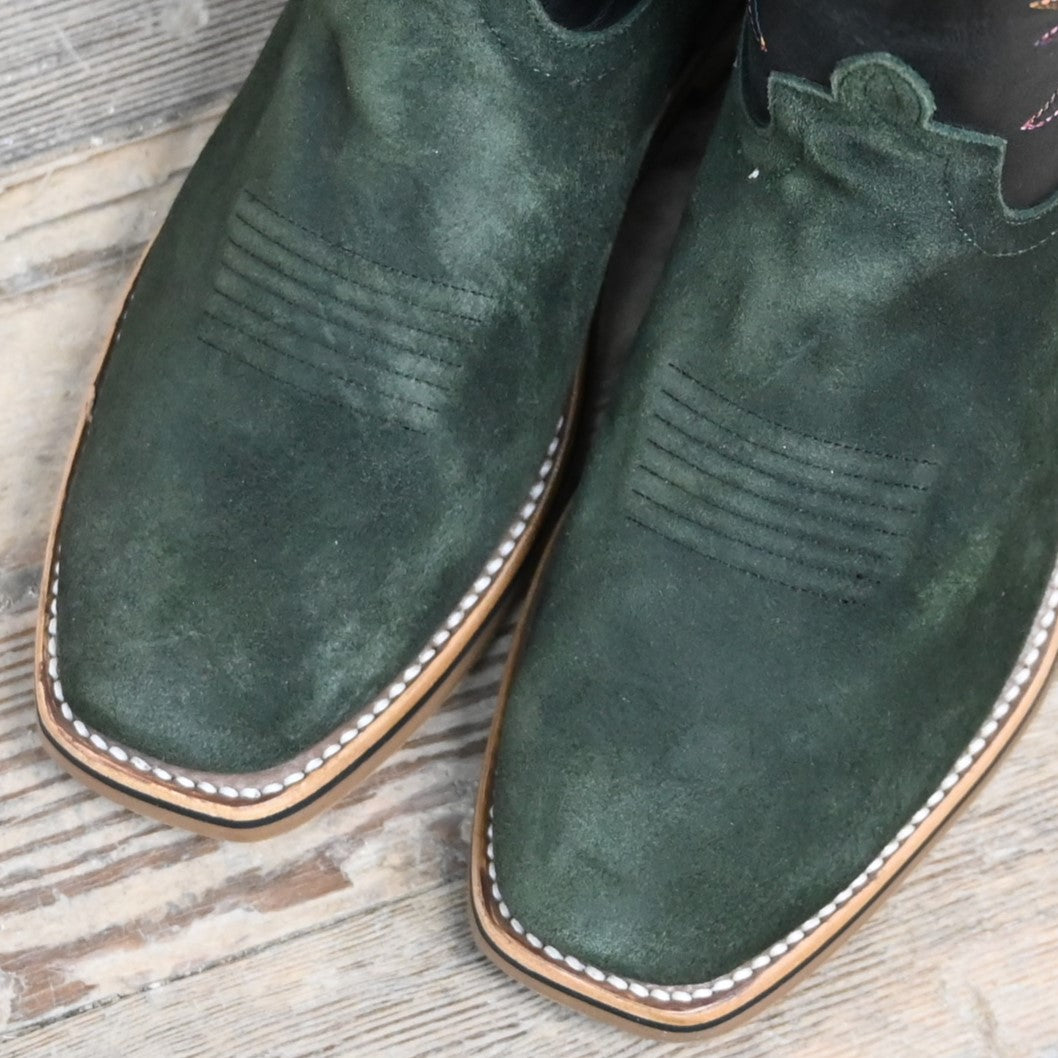 View of Horse Power 11" High Noon boot with emerald suede vamp, tan and black bison top, cutter toe, rainbow stitching, and pull straps