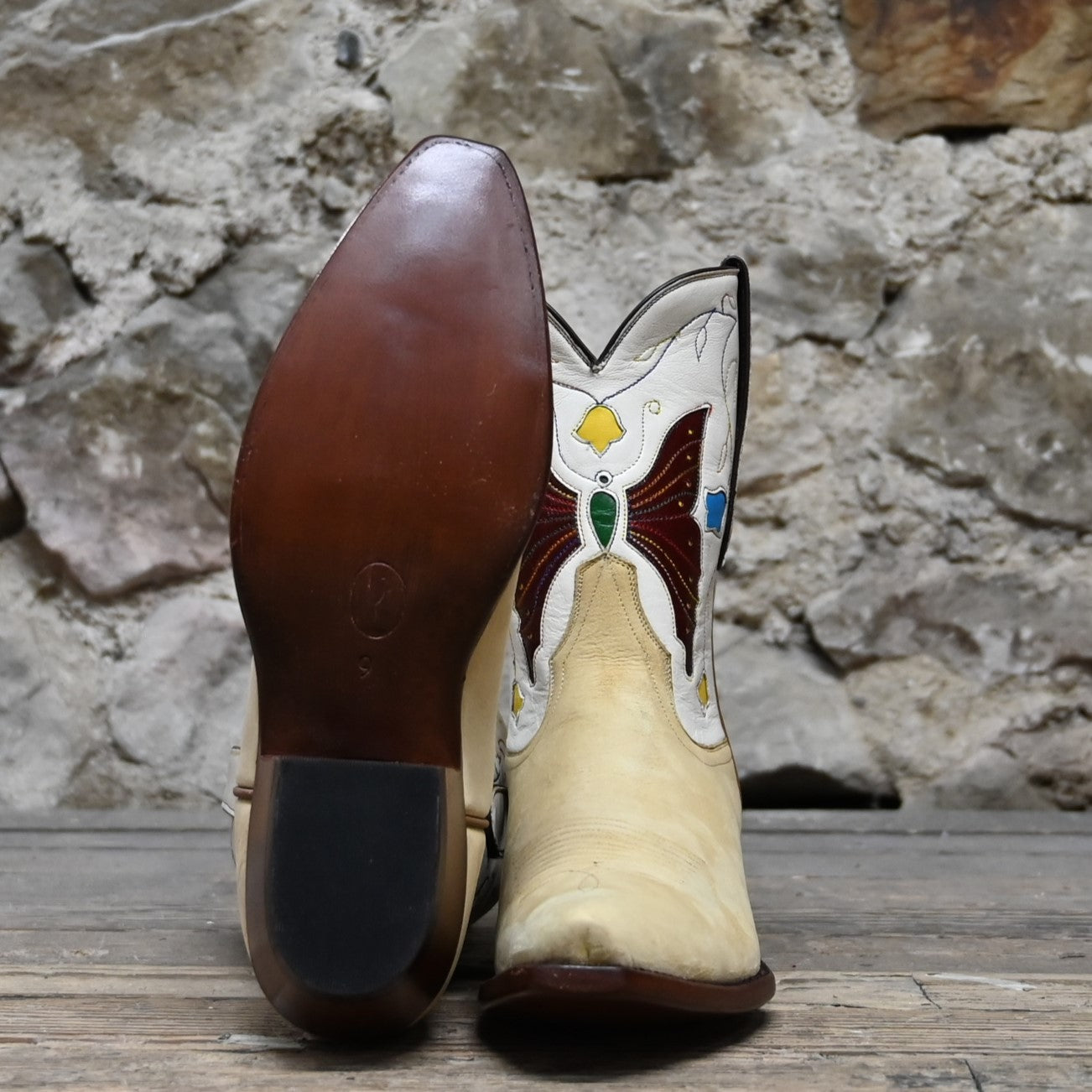 View of Stallion Ladies 8" "J.S. Butterfly" boots in tan and beige nubuck with butterfly inlays