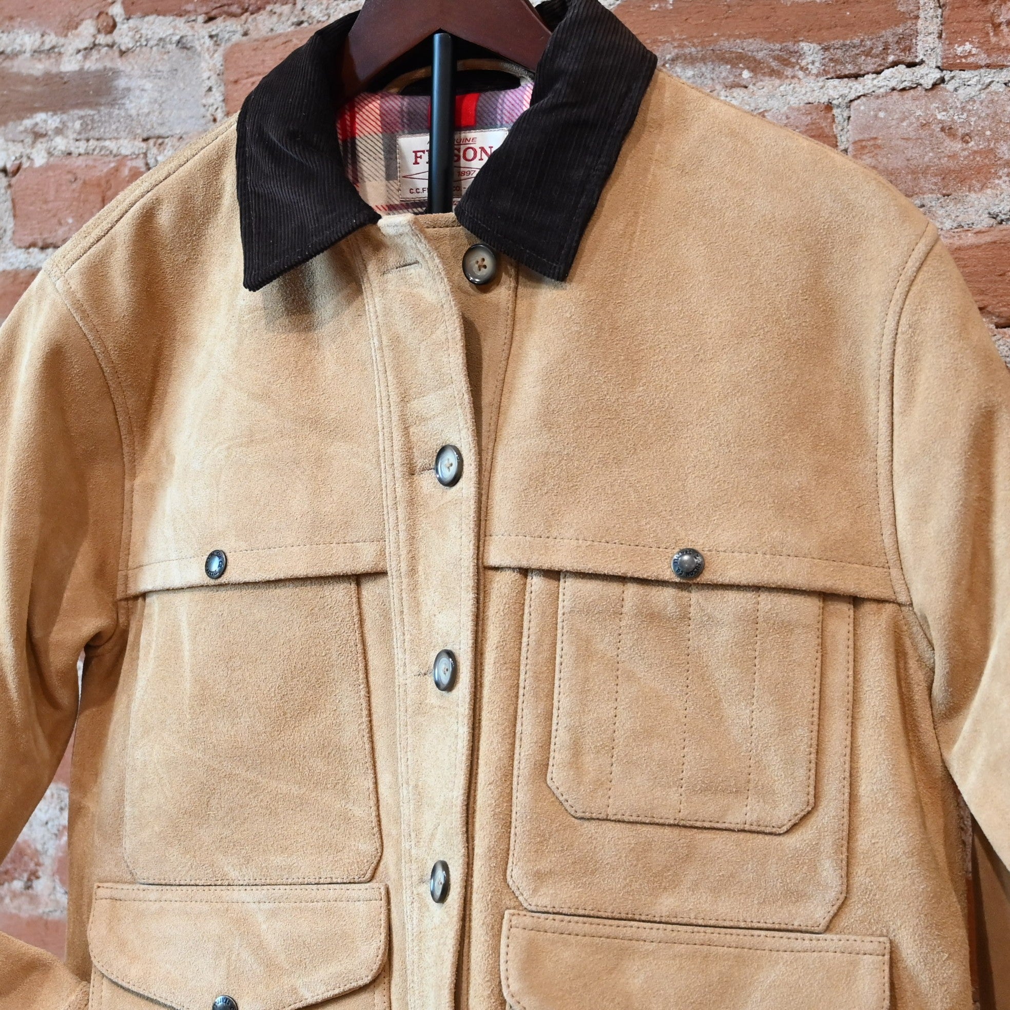 Filson Ladies Suede Cruiser Jacket in Saddle Brown with button-front and dual chest pockets