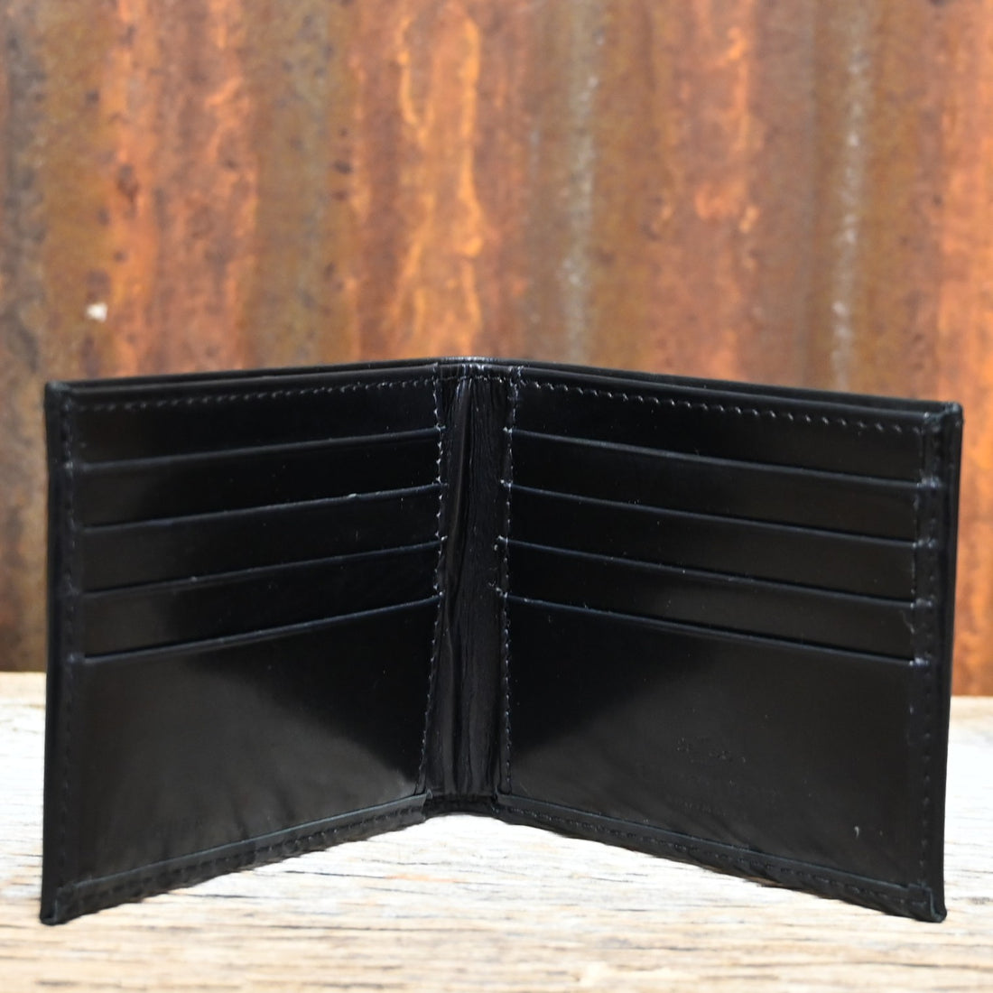 Lucchese black slim leather hipster wallet with card slots and embossed logo