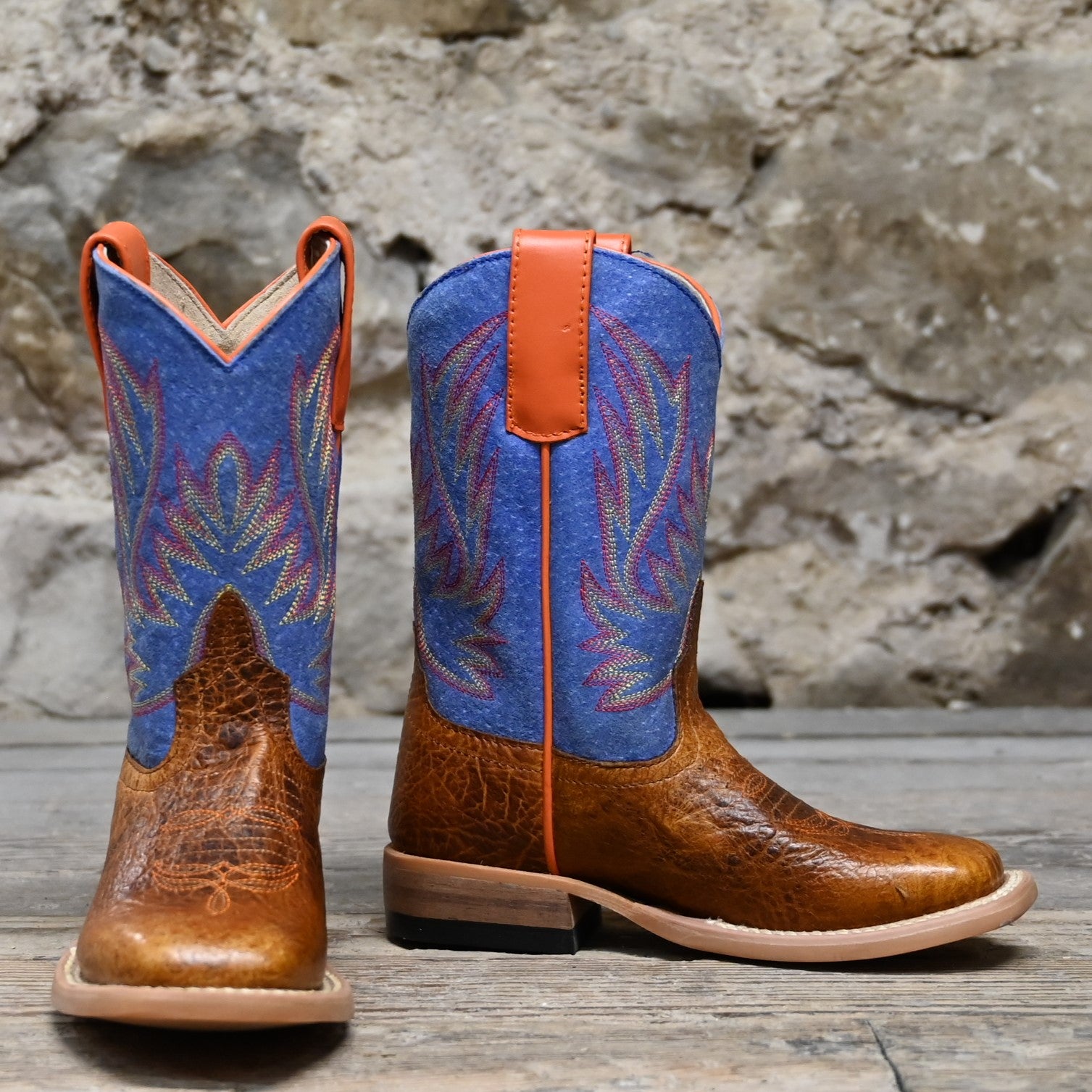 View of Horse Power Kids boot with Havana bullfrog vamp and blue jean floral shaft