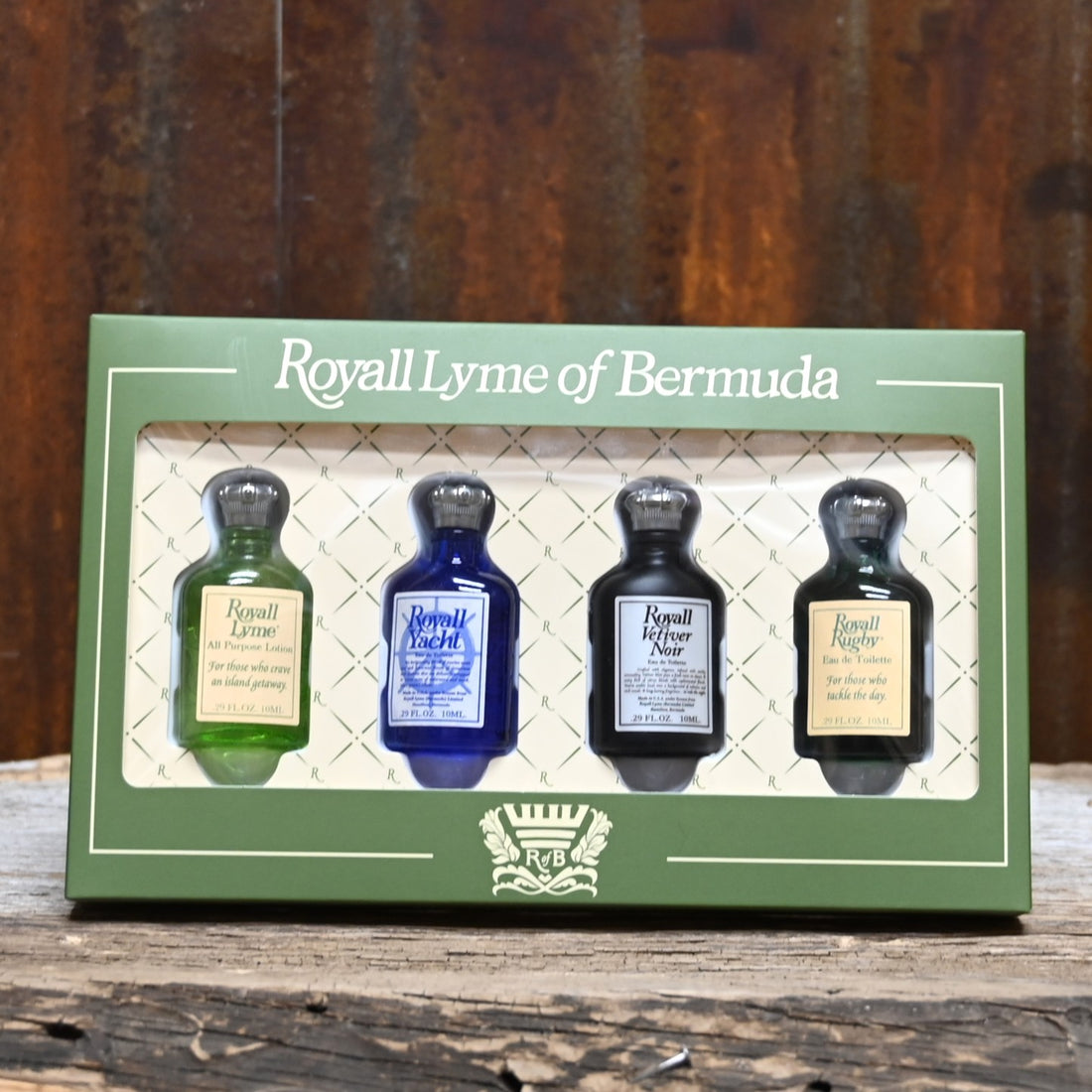 Royall Modern Collection 10 mL set featuring Lyme, Yacht, Noir, and Rugby splash bottles in classic Bermuda gift box