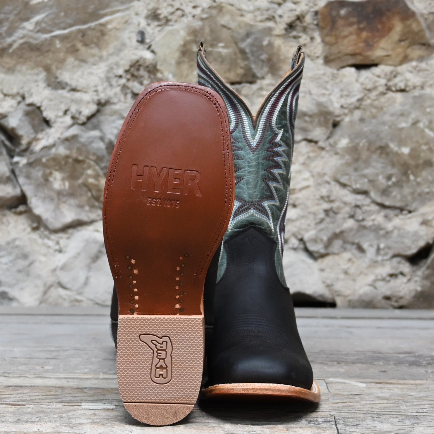 View of Hyer CODELL DENIM 13" boots showcasing denim blue Bravo goat leather shaft and chocolate mule cowhide vamp with broad square toe and Stockman block heel