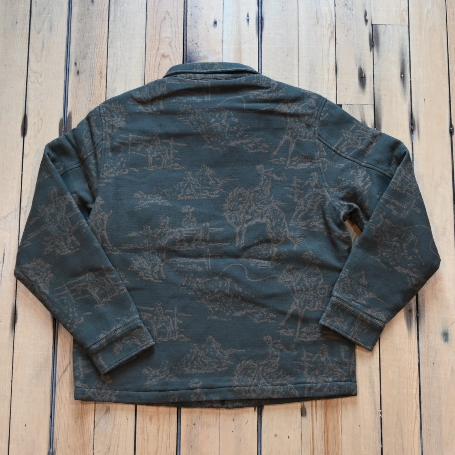 Pendleton Quilted Chamois Work Jacket in Wild Landscape Olive with tan cowboy and horse landscape pattern
