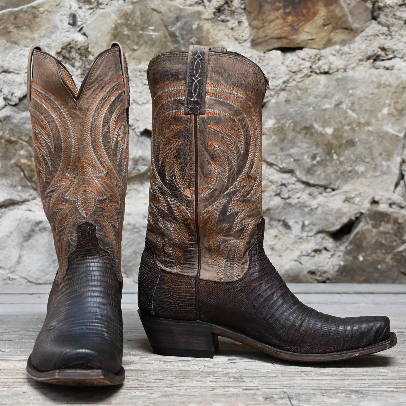 Lucchese men’s 13-inch antique tan lizard leather Western boot with square toe and classic heel