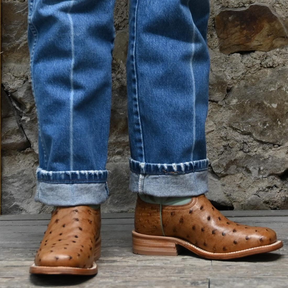 View of Hyer HARPER 13" boots showcasing Brandy full-quill waxy ostrich vamp and Robin&