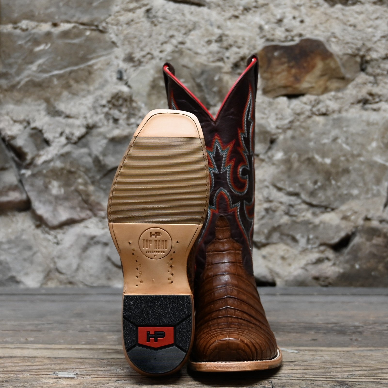 View of Horse Power 13" boot with black caiman belly vamp, black glove top, cutter toe, and pull straps