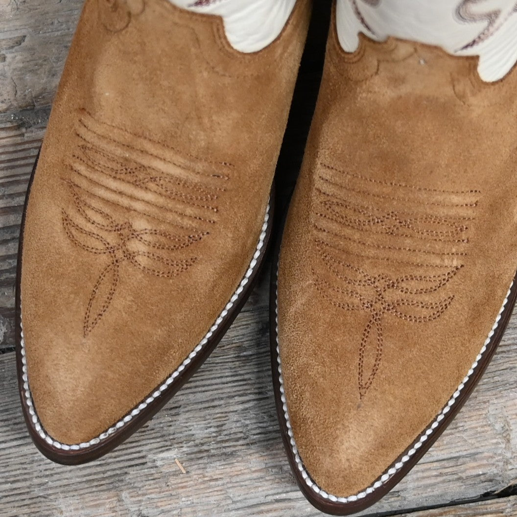 View of Macie Bean 15" brown suede boot with vanilla Hotshot top, almond toe, and cowgirl heel