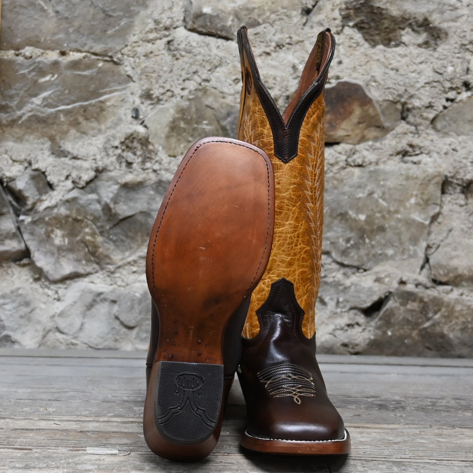 View of Hondo 16" cowboy boot with brown top, brown crazy horse vamp, wide square toe, and pull holes
