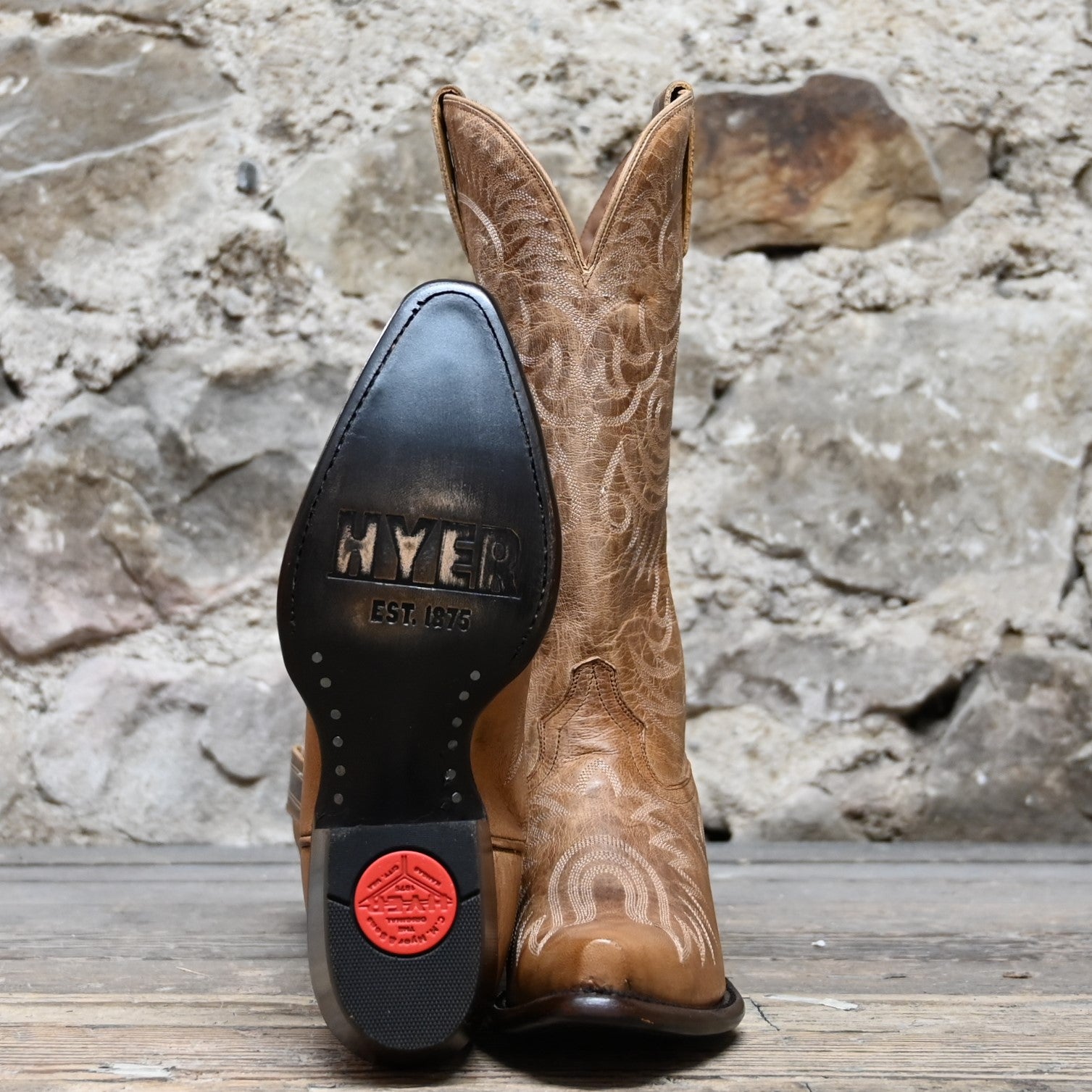 View of Hyer ROAD TO ARIZONA 13" boots showcasing brown Mad Dog goat vamp and top with full boot embroidery, fashion snip toe, and leather stacked heel