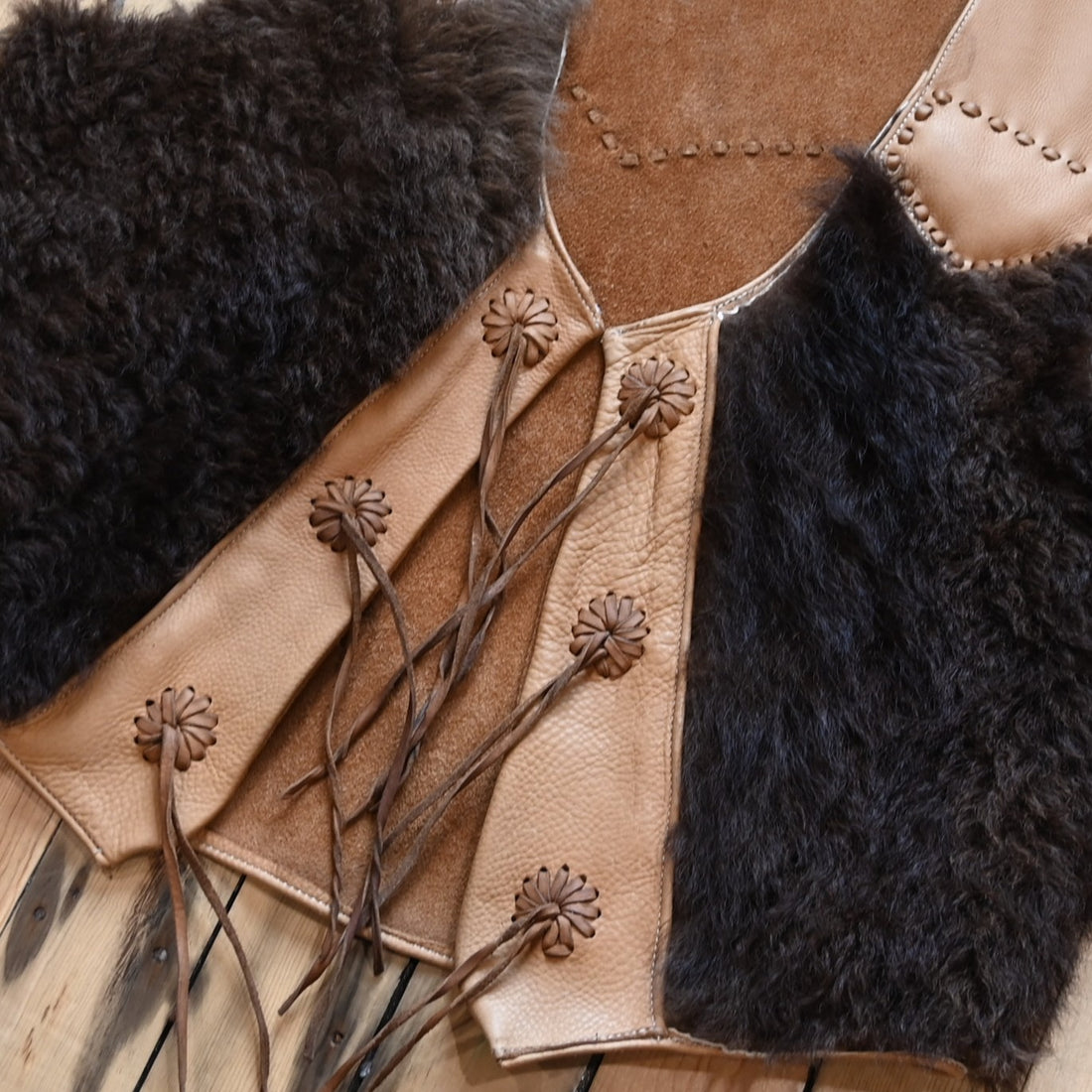 Rockin Y Saddlery hair-on bison leather vest with natural hide texture