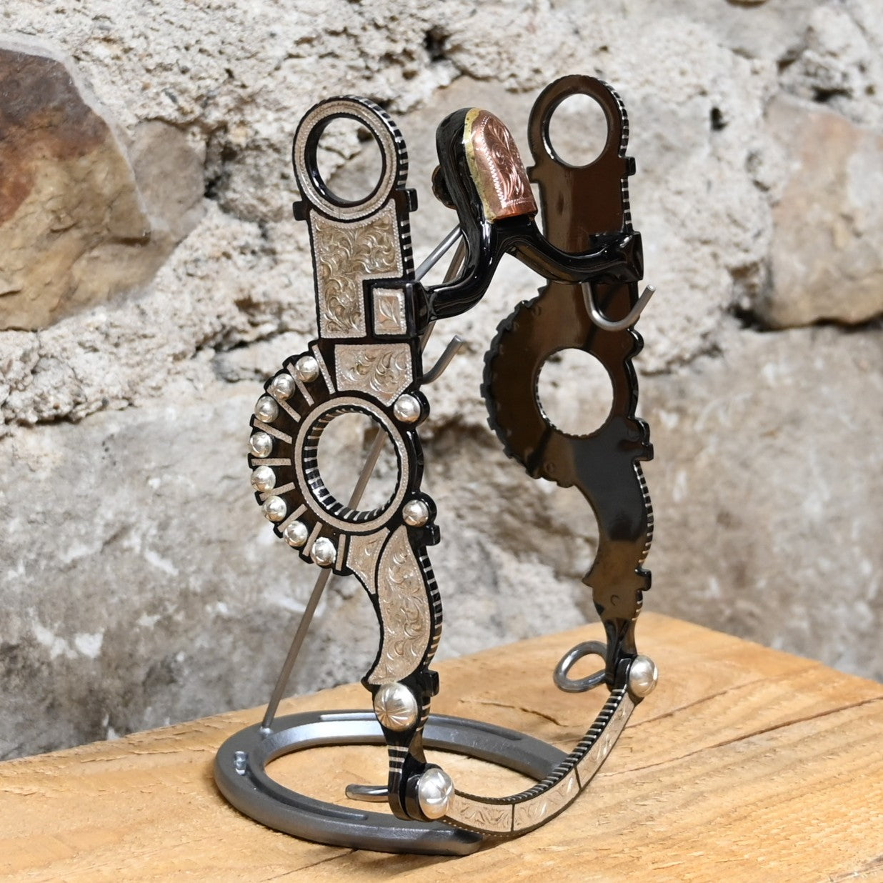 JT Silversmiths Santa Barbara cheek bit with Mona Lisa mouthpiece and hand-engraved silver inlay