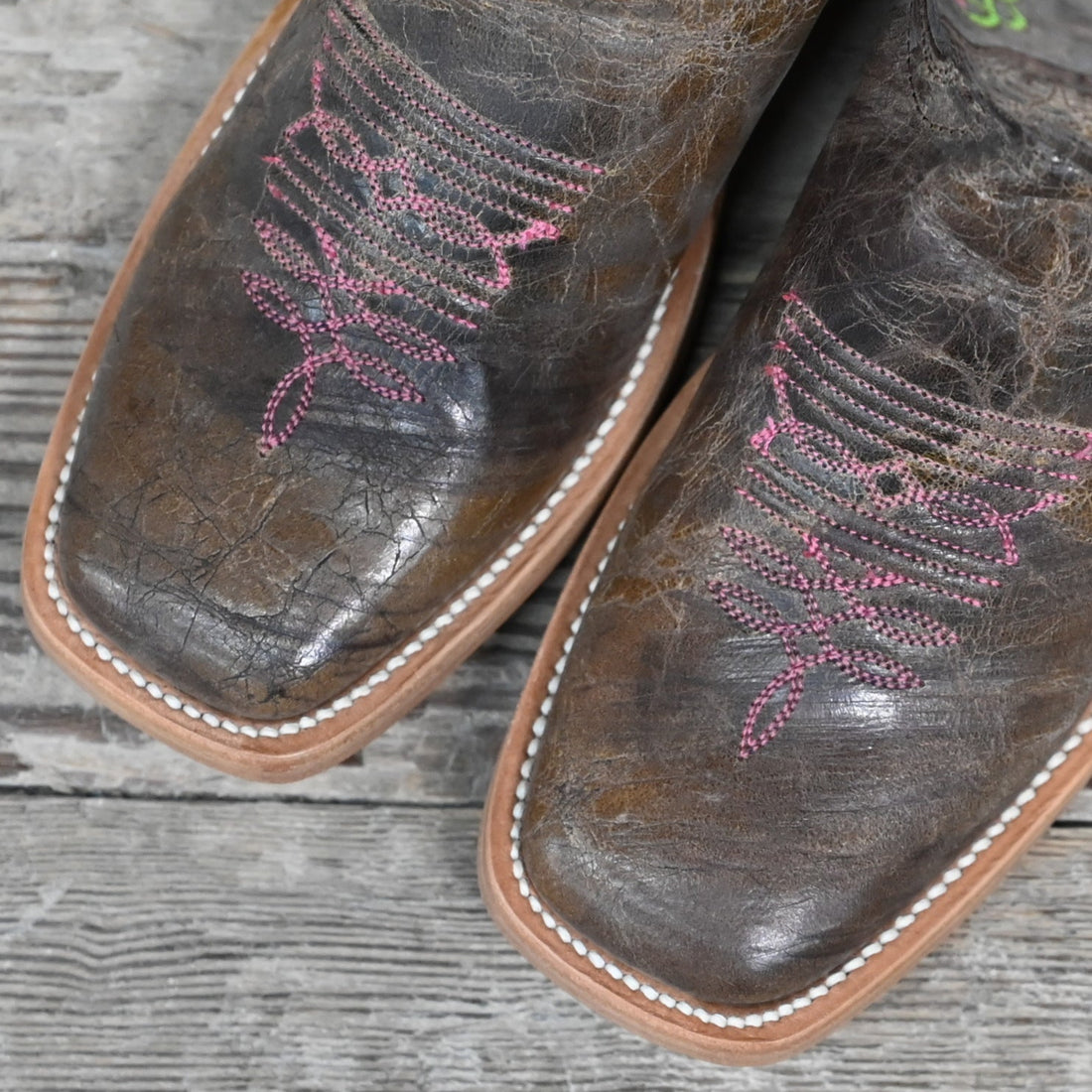 View of Hondo 13" cowboy boot in brown crater leather with wide square toe and classic Western stitching