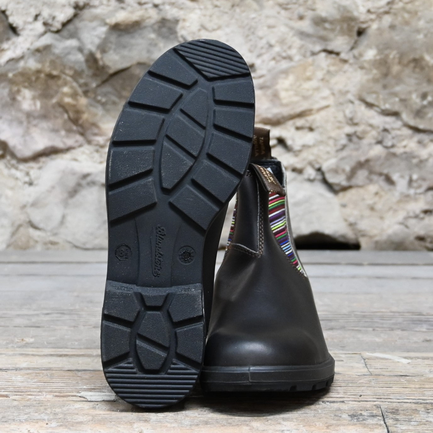 Blundstone Slip On Chelsea boot in stout brown leather with multicolored elastic panels and pull tabs