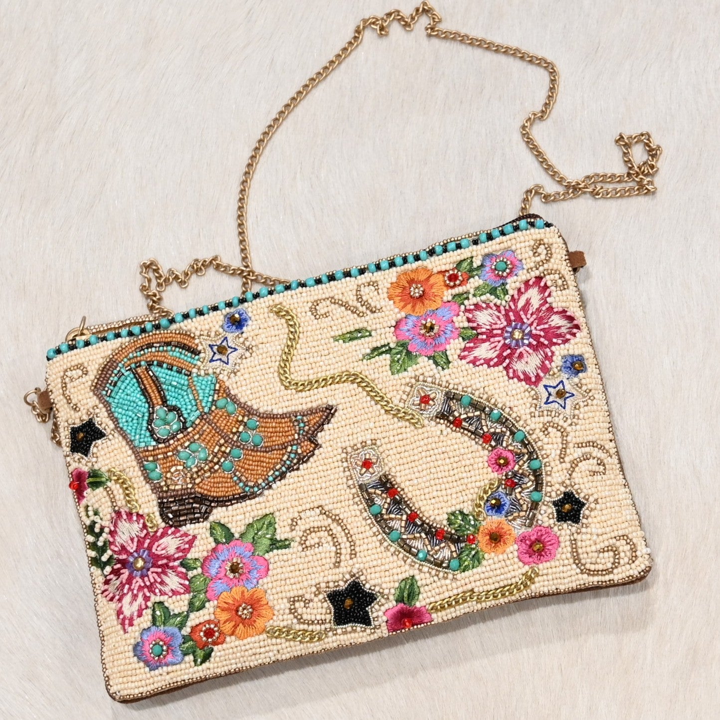 Mary Frances on the range mini crossbody handbag beaded boot and horseshoe motif