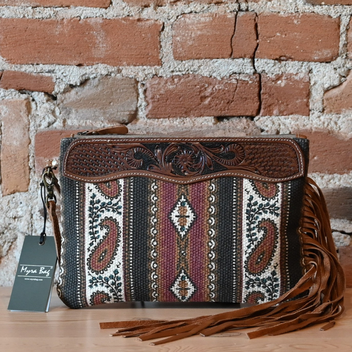 Myra Mojave paisley fringed hand-tooled bag