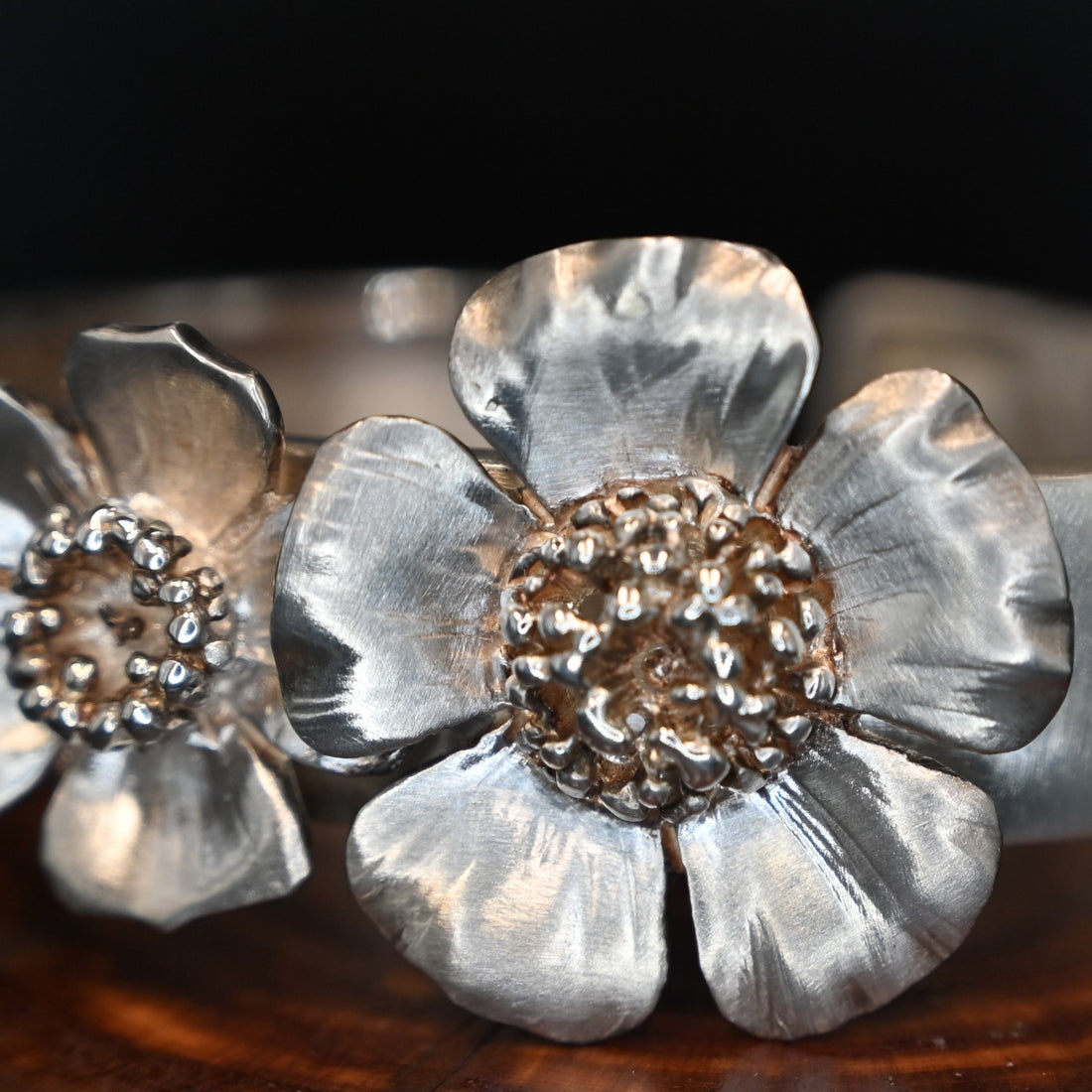 View of detail Ellie Thompson & Co. Duet Wild Rose Cuff Bracelet in Sterling