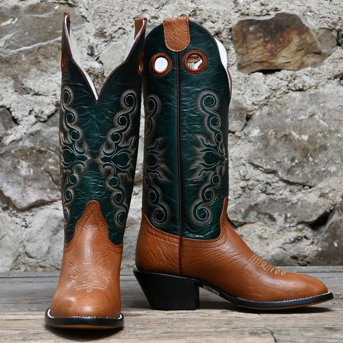 View of Hondo 14" cowboy boot with green volcano top, walnut vamp, white toe bug stitching, and pull holes