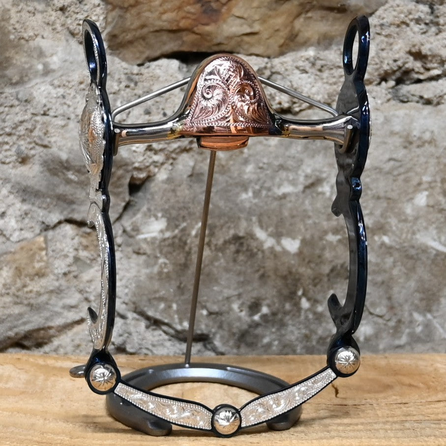 JT Silversmiths crescent and concho silver overlay bit with Salinas high port and copper roller