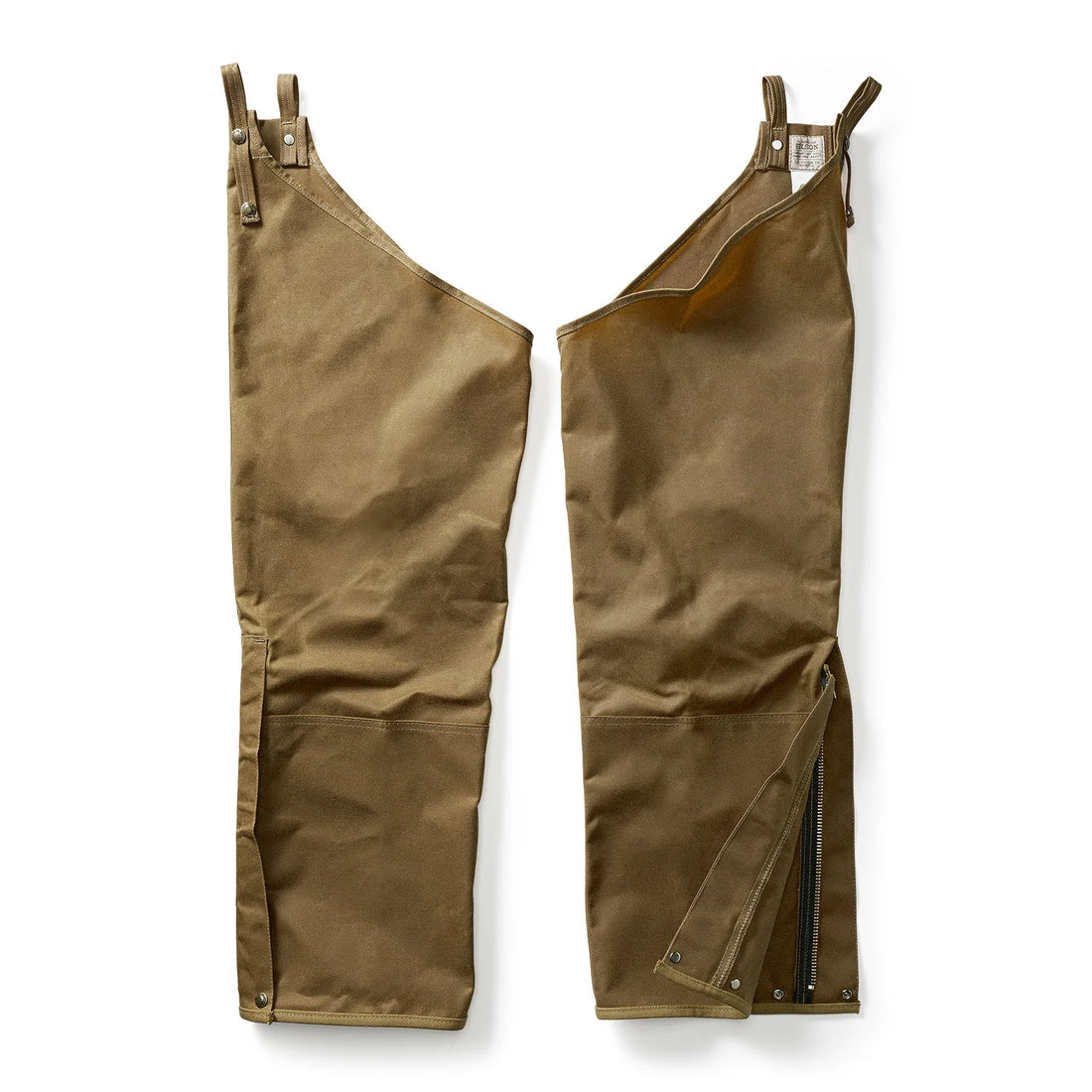 Filson dark tan double tin cloth chaps long with brass zippers and adjustable straps