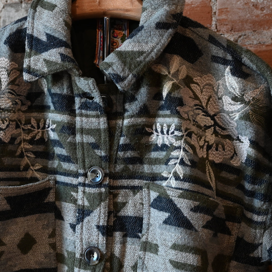 Johnny Was oversized jacket in Alain Jacquard woven blanket pattern with patch pockets