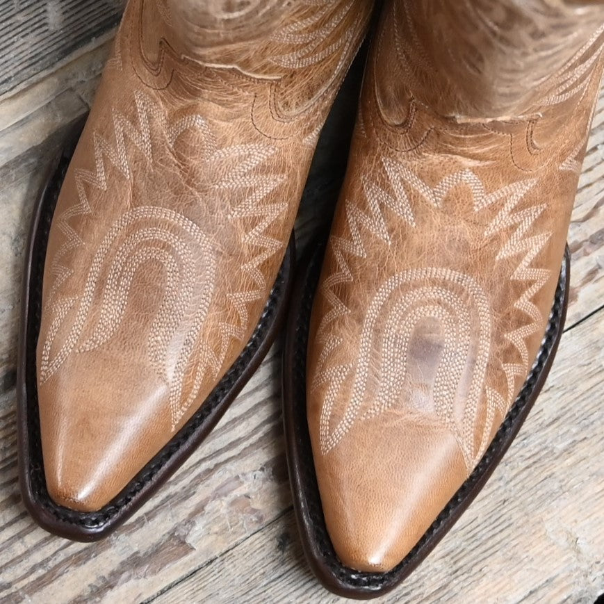 View of Hyer ROAD TO ARIZONA 13" boots showcasing brown Mad Dog goat vamp and top with full boot embroidery, fashion snip toe, and leather stacked heel
