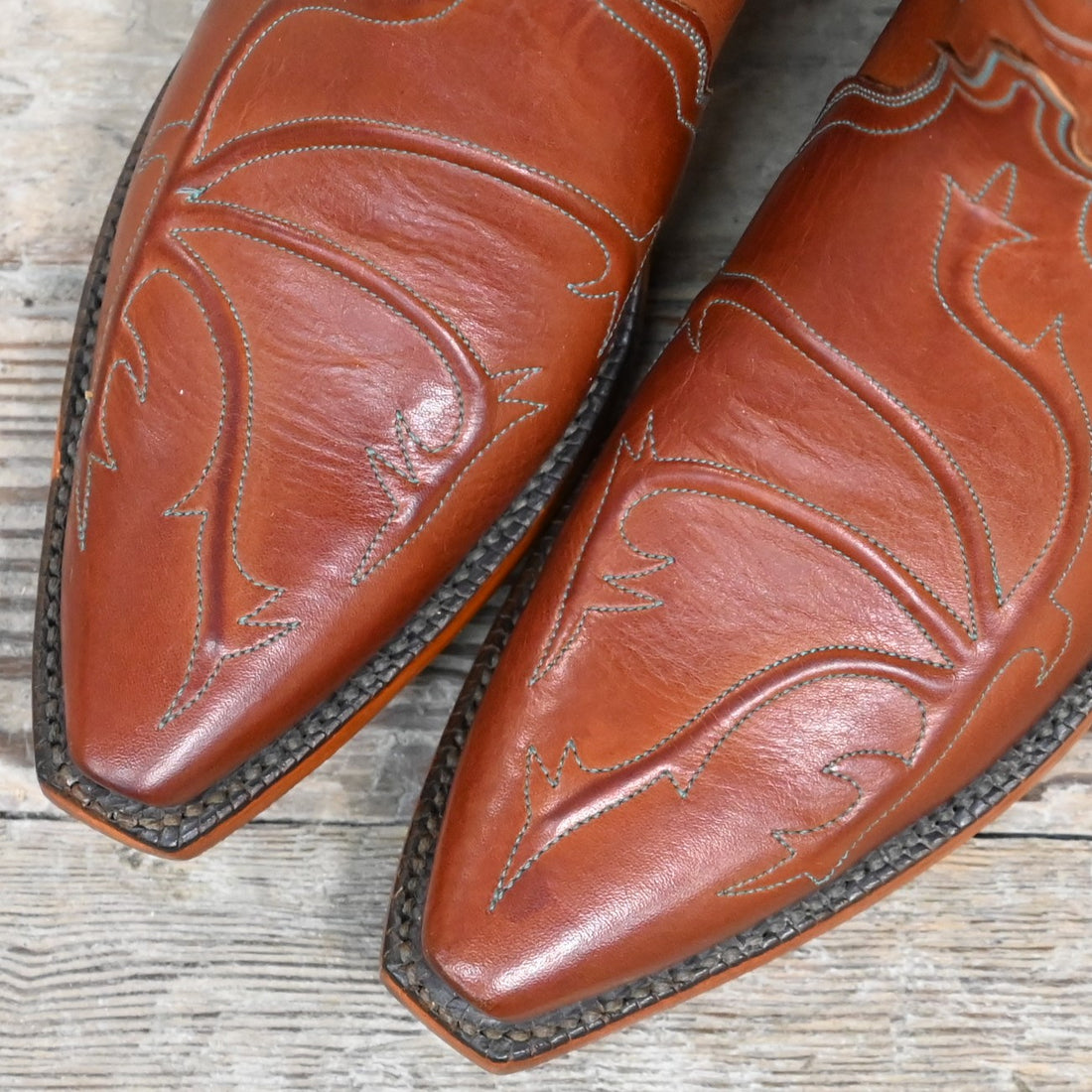 Lucchese Ladies Cleo Boot in burnished cognac calf leather with turquoise stitching and 13-inch shaft