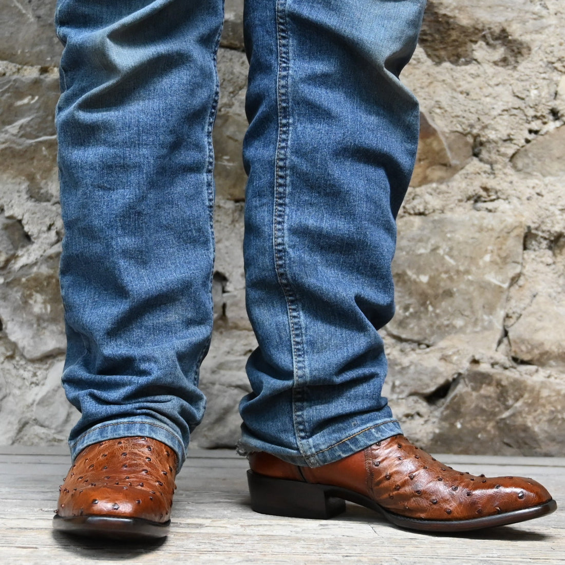 View of Stallion Men’s Zorro zip boot with antique saddle ostrich vamp and medium square French toe