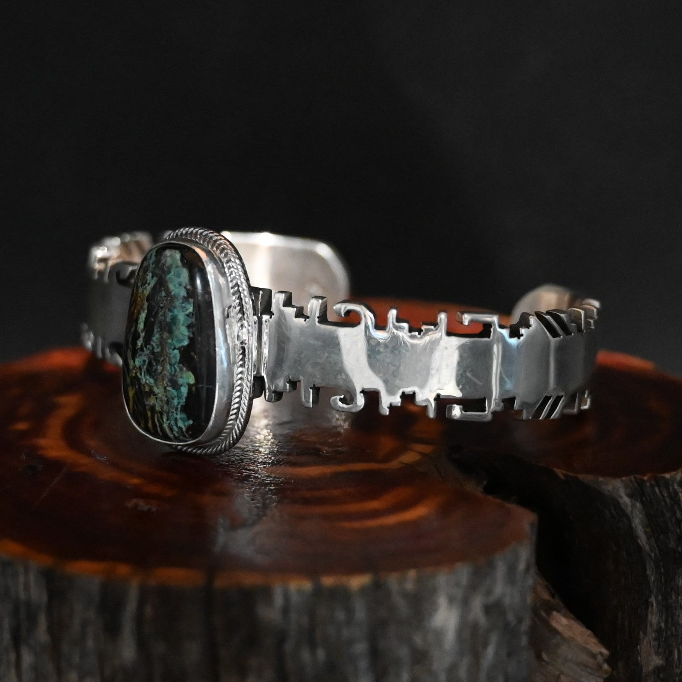 View of Sunwest Silver Randy Billy Black Jack Turquoise Cuff featuring a Black Jack turquoise stone set in sterling silver