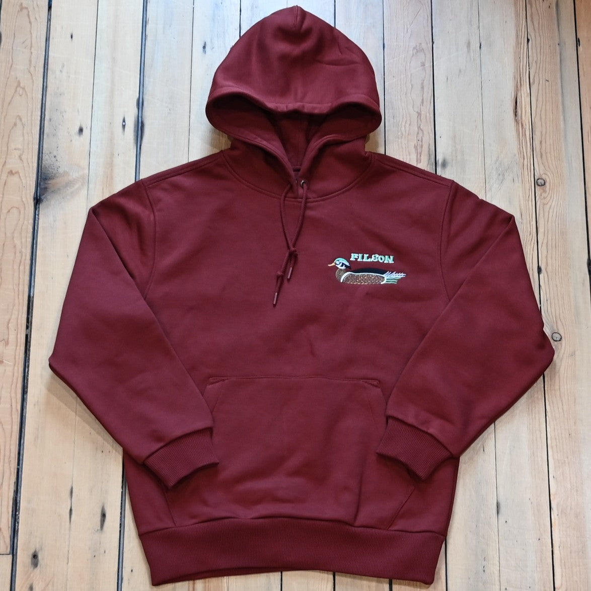 Filson Prospector Hoodie in Fired Brick with Ducks embroidery