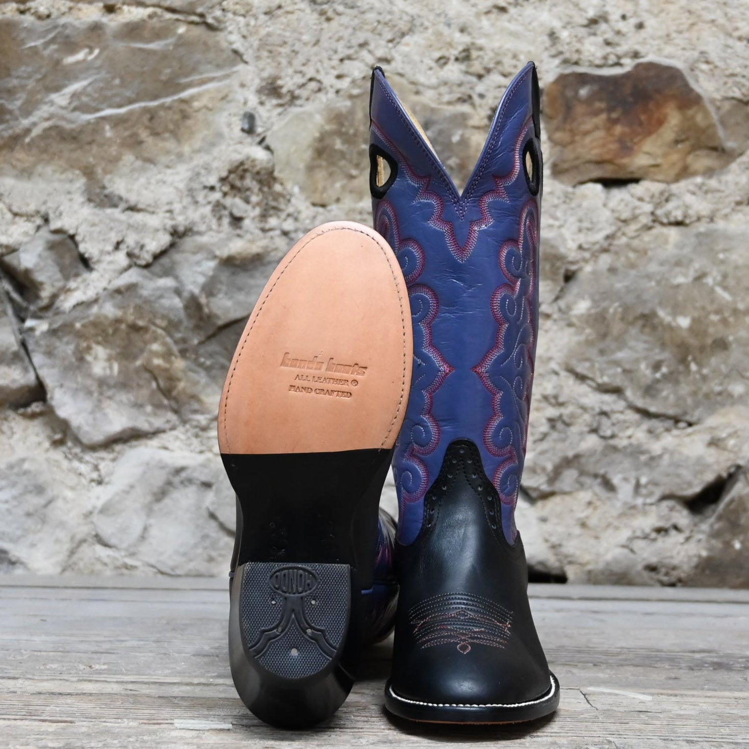 View of Hondo 14" cowboy boot with purple top, black retan vamp, medium round toe, and spur ledge