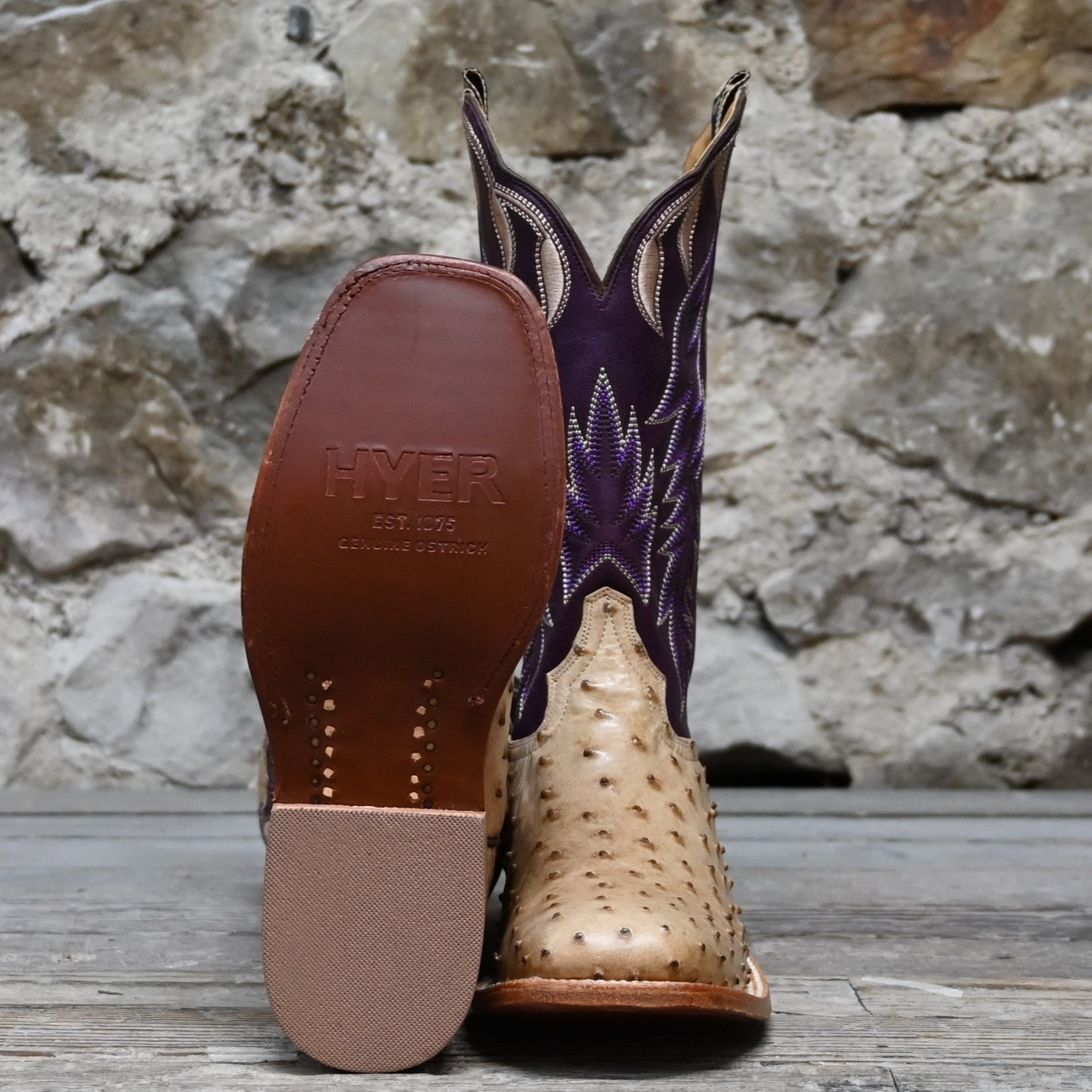 Hyer HARPER 13" boots showcasing tan full-quill waxy ostrich vamp and eggplant vintage goat upper with broad square toe and Stockman block heel