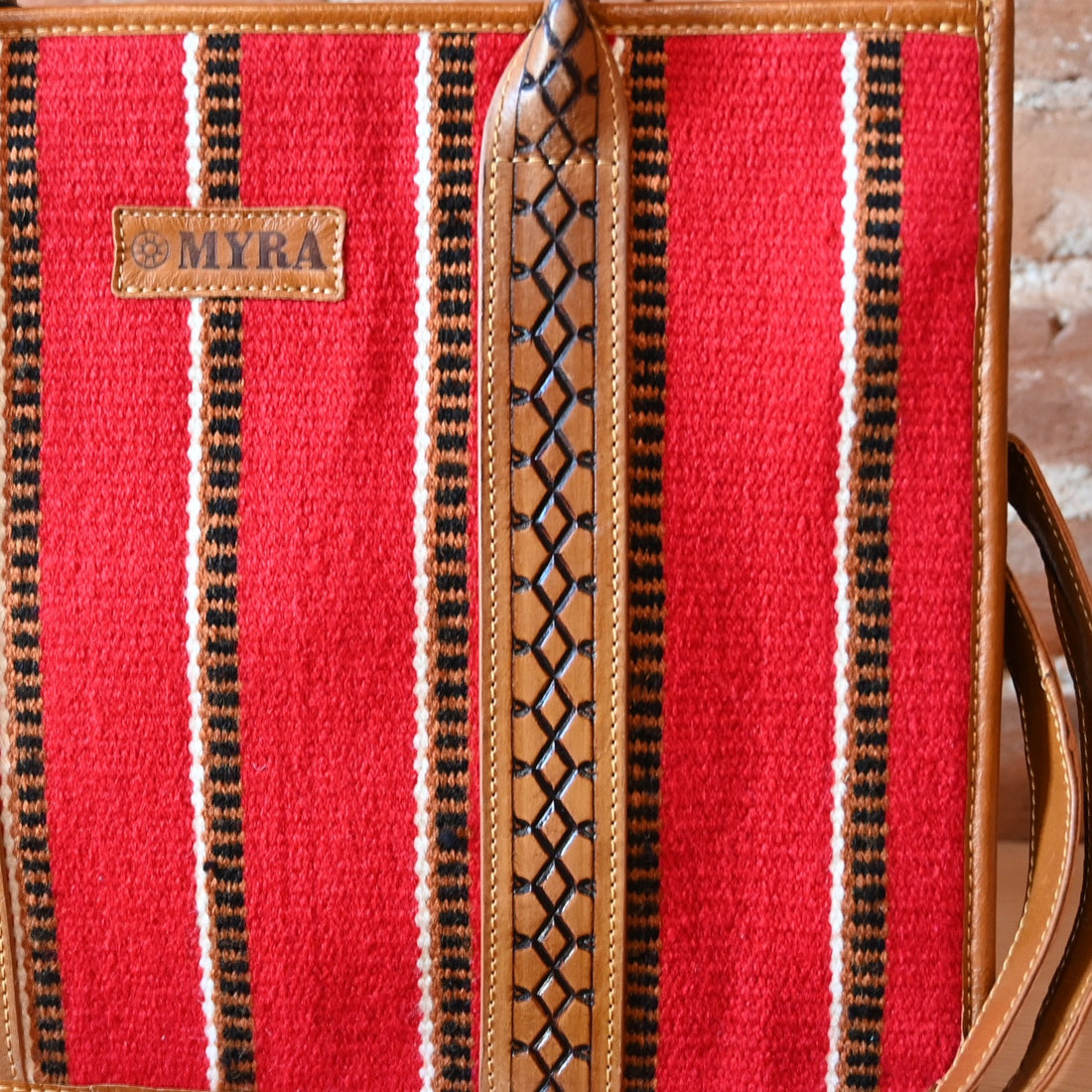 Myra Coachroom Stripes shoulder bag in red with leather trim