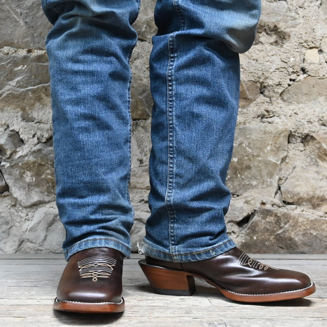 View of Hondo 16" cowboy boot with brown top, brown crazy horse vamp, wide square toe, and pull holes