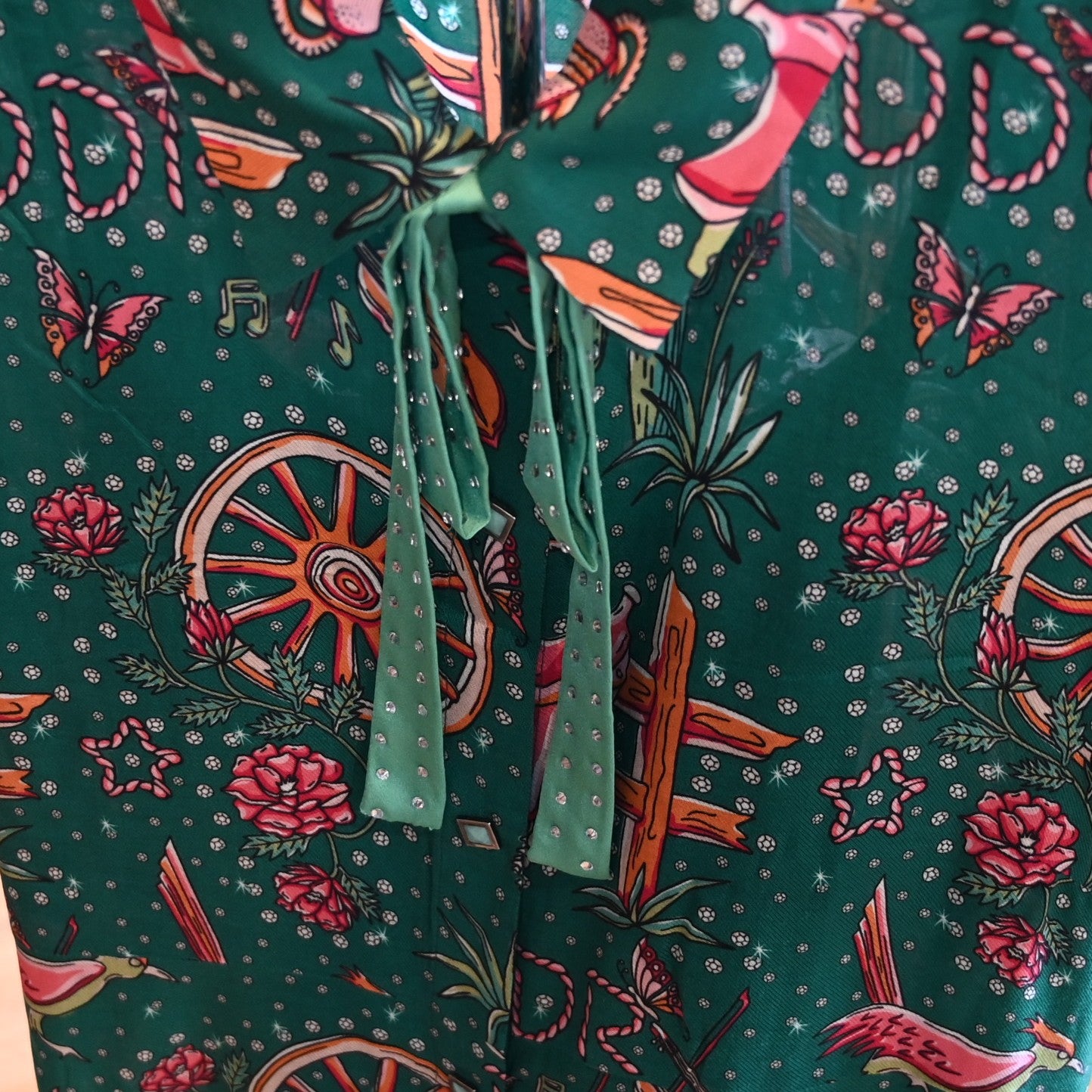 View of Double D Ranch Rhinestone Suits & Cowboy Boots Dress featuring custom Western print, faux-turquoise buttons, and pearl snaps in a relaxed fit