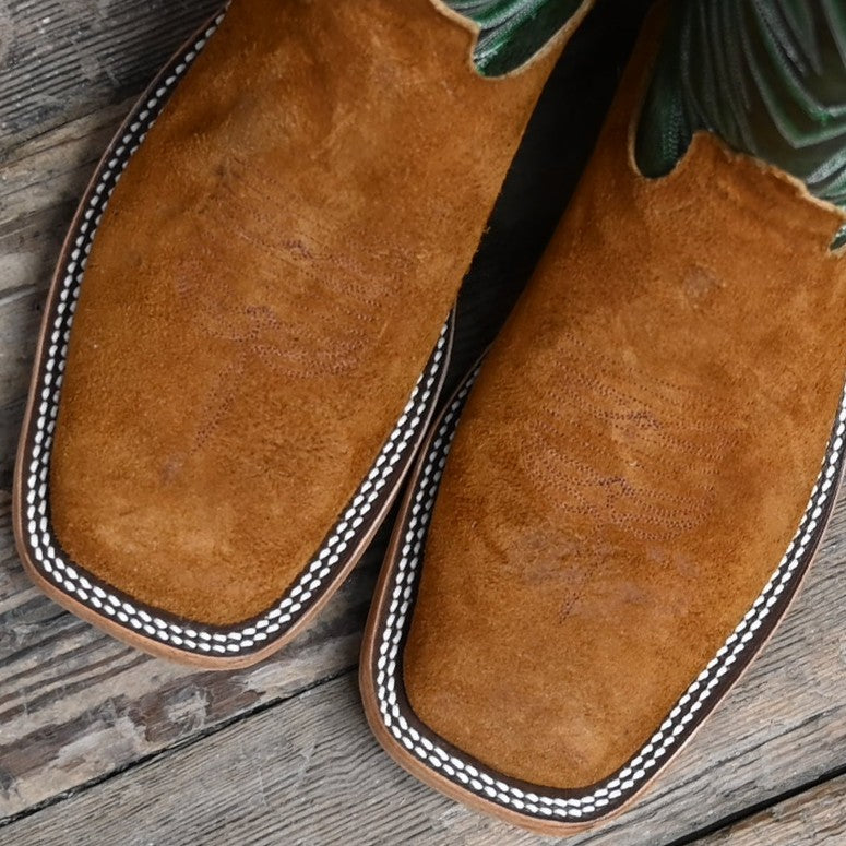 View of Anderson Bean 13" boot with rust crazy horse vamp, emerald explosion top, and square toe