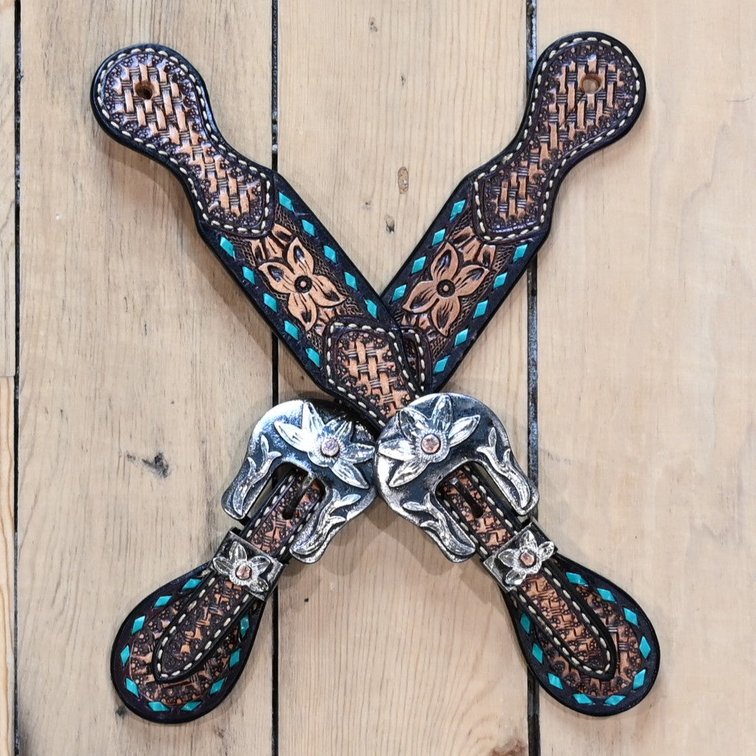 View of Front of Weaver Turquoise Floral Buckstitch Ladies Spur Straps with Buckles.