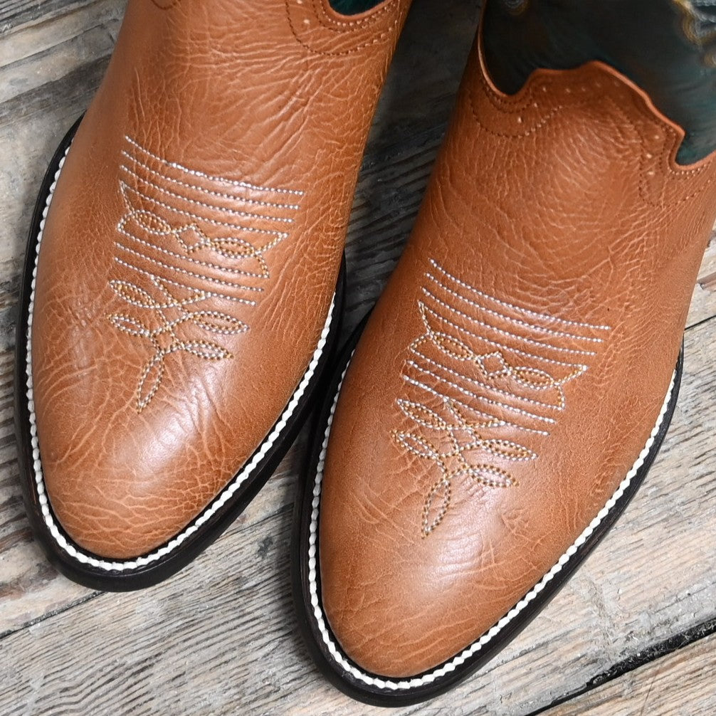 View of Hondo 14" cowboy boot with green volcano top, walnut vamp, white toe bug stitching, and pull holes