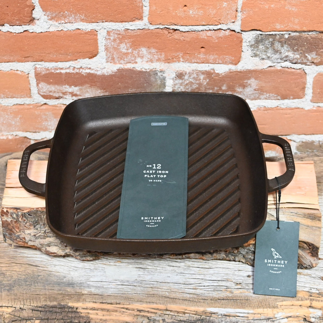 View of Smithey Ironware No. 12 Cast Iron Grill Pan with polished ridges and dual handles