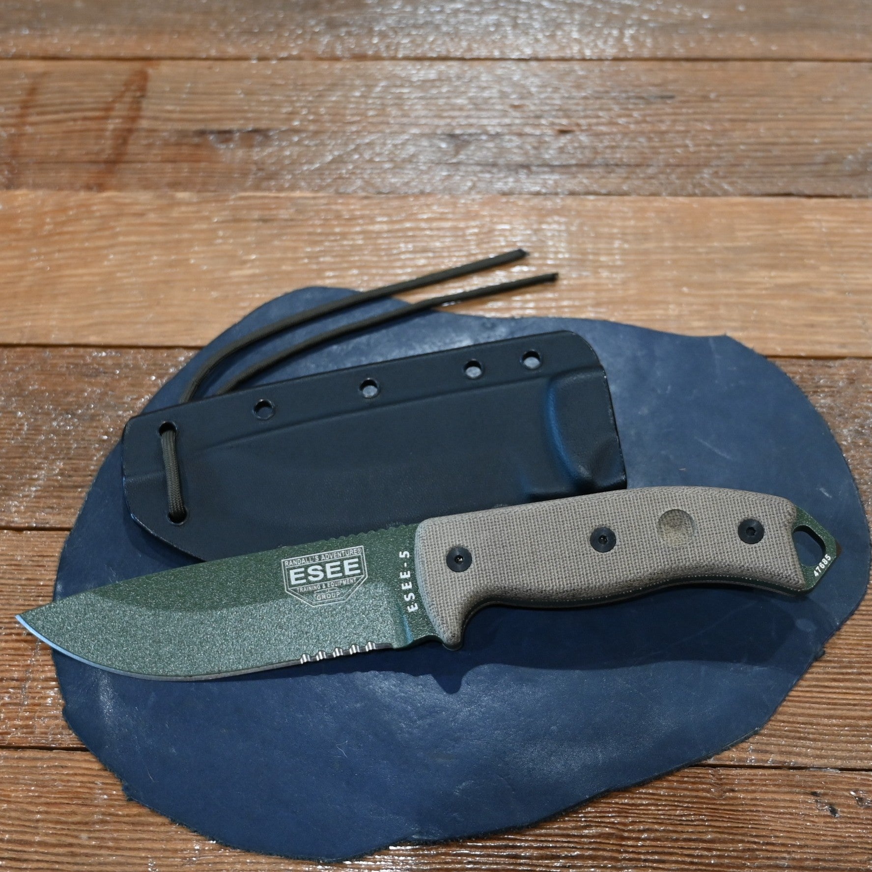 2018 ESEE-5 serrated fixed blade knife with OD green coated blade, micarta handle, and MOLLE sheath