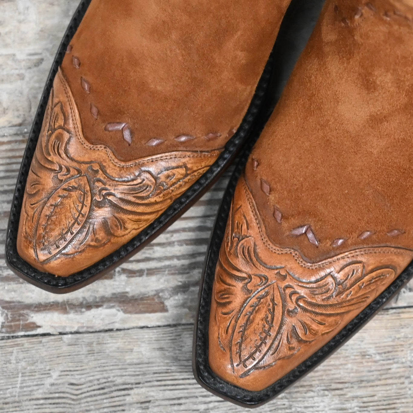 View of Stallion Ladies 10" cognac suede boot with floral tooled leather top and rounded toe